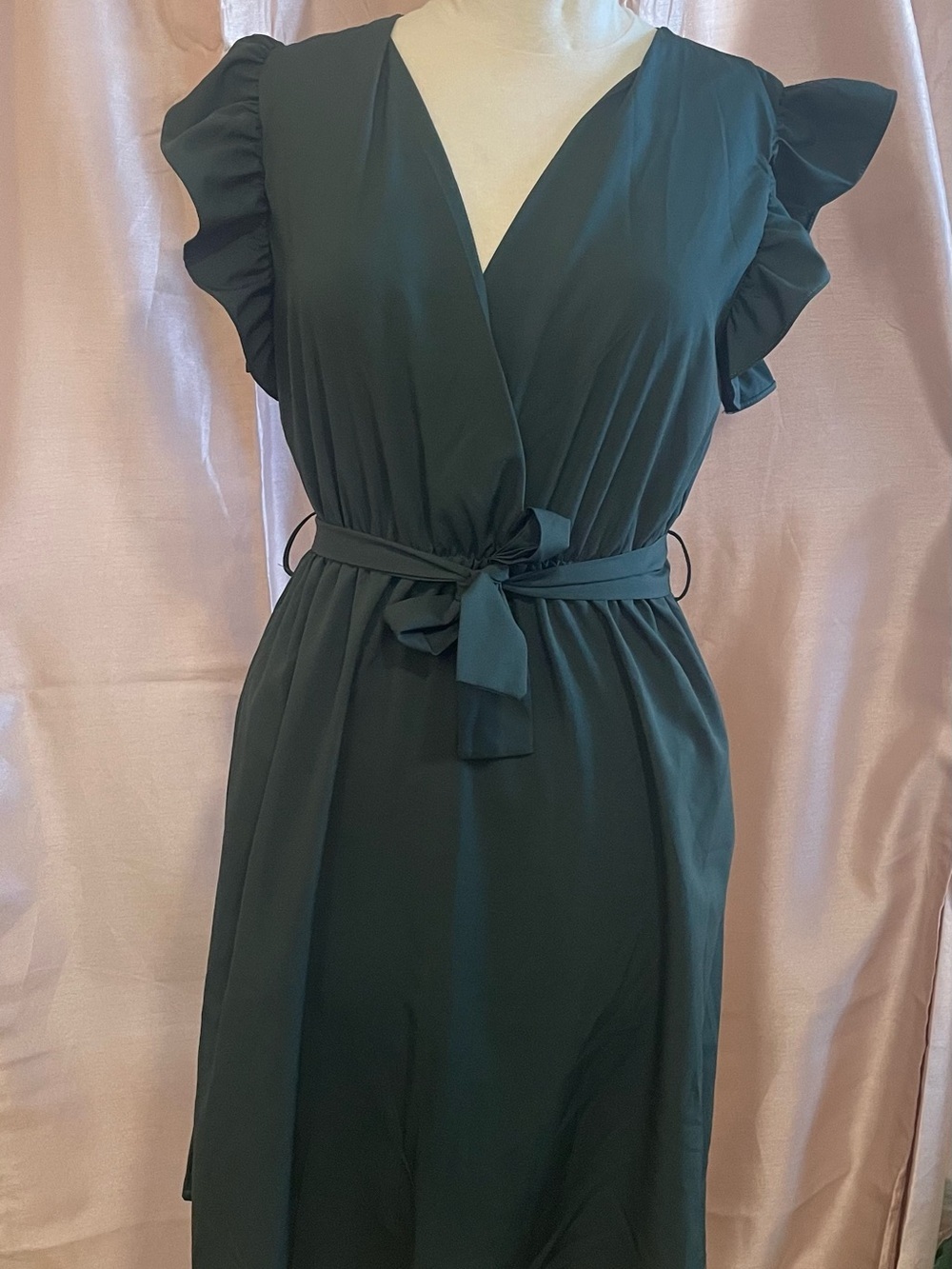 Faux Wrap Dress with Flutteri Sleeves in Deep Green - Picture 1 of 9